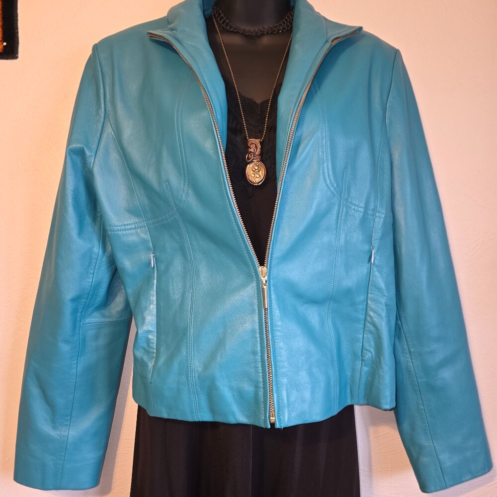 Wilsons Leather Pelle Studio - Turquoise Blue Genuine Leather Zip Up Jacket - Si